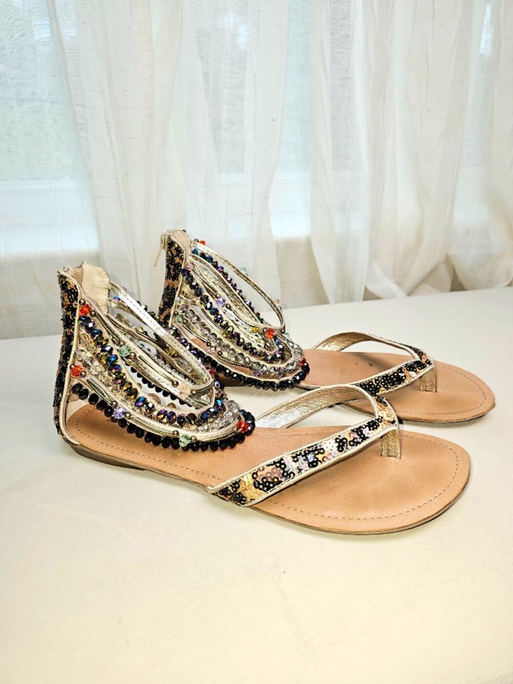 ZIGI Girl Femme Crystal Gladiator Sandals Size 10 Champagne Beaded Flat Sandals - Picture 9 of 14